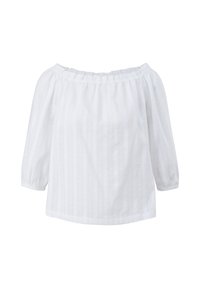 Blusa bianca senza spalle con maniche a sbuffo a tre quarti, un motivo a righe texture e un ampio scollo elastico.