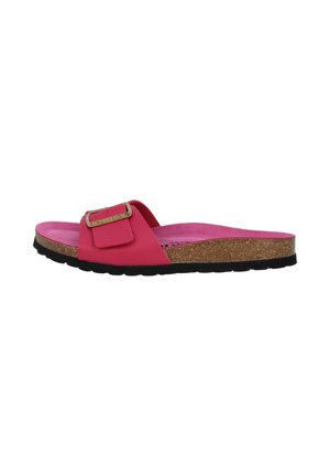 Pink slide sandal with cork footbed, black sole, and a decorative metallic buckle on the strap. Textured upper for comfort.