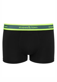 Czarne bokserki o dopasowanym kroju, z zielonym i niebiesko-zielonym elastycznym pasem w kontrastowym designie, z napisem "slopes & town".