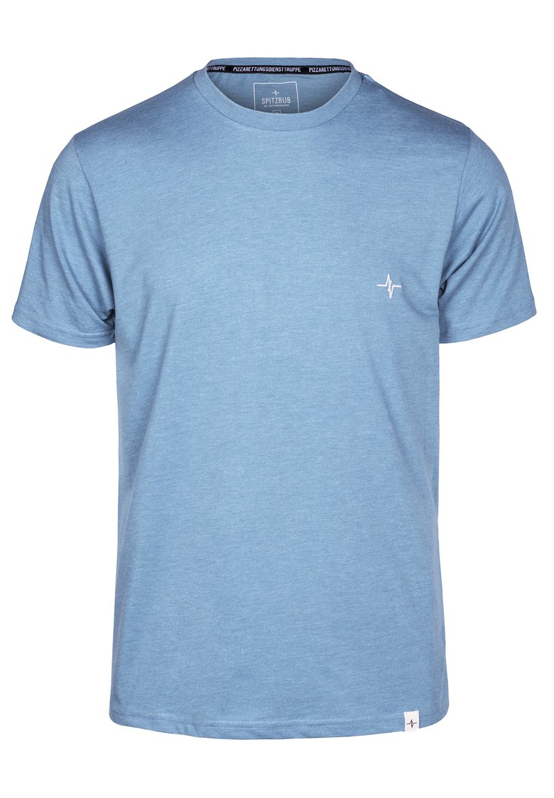 Helles blaues Baumwoll-T-Shirt mit Rundhalsausschnitt, kurzen Ärmeln und einem kleinen weißen Logo auf der linken Brust. Weicher Stoff.