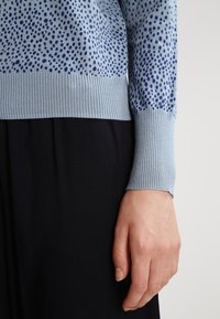 Vaaleansininen neulepaita, jossa on kuvioitu yläosa tummansinisillä rosetilla. Ribbaustakit ja helma. Paita on pukeutunut mustan kankaan päälle.