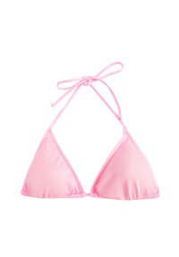 Roze driehoek bikini-top van gladde stof, met verstelbare strikken bij de nek en rug, met geplooide details aan de randen.