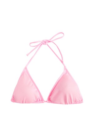Bikini-Oberteil in Pink, aus glattem Stoff, mit verstellbaren Bändern am Hals und Rücken sowie gerafften Details an den Kanten.