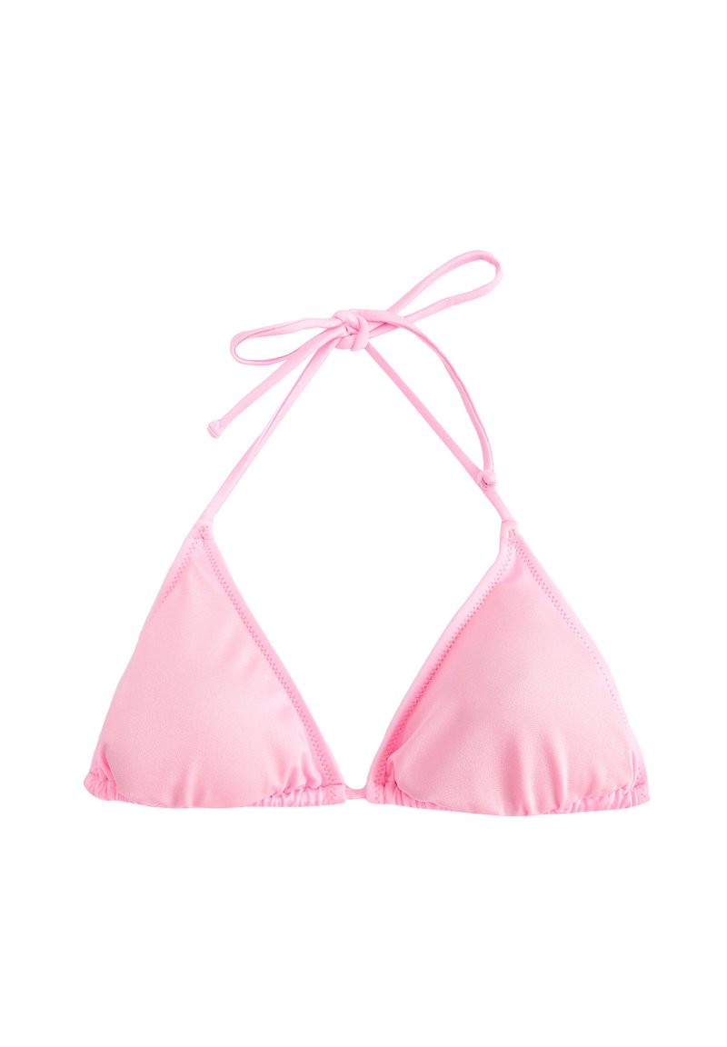 Roze driehoek bikini-top van gladde stof, met verstelbare strikken bij de nek en rug, met geplooide details aan de randen.