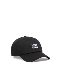 Black cap made of fabric with a curved brim. Features white "VANS" logo and checkered pattern on the front. Six ventilation eyelets on top.