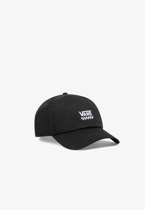 Zwarte pet gemaakt van stof met een gebogen klep. Voorzien van witte "VANS" logo en een geruit patroon aan de voorkant. Zes ventilatieoogjes bovenop.