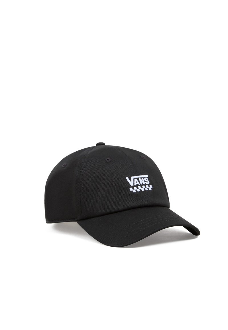 Black cap made of fabric with a curved brim. Features white "VANS" logo and checkered pattern on the front. Six ventilation eyelets on top.