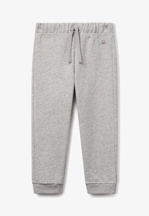 Gray sweatpants made from soft material, featuring an elastic waistband with a drawstring, tapered legs, and ribbed ankle cuffs.