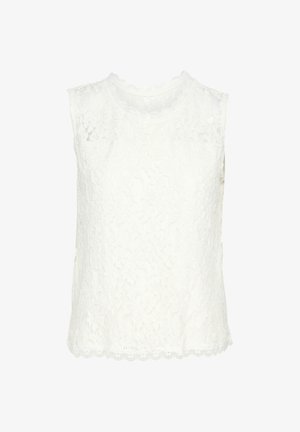 Valkoinen pitsitoppi ilman hihnoja, jossa on kukkakuvioita, aaltoileva kaula-aukko ja pitsireunus. Pehmeä, tekstuuriinen kangas, jossa on hieman läpikuultava ilme.