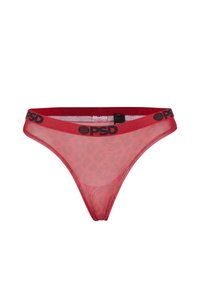 Rote Netz-Tanga-Unterwäsche mit Leopardenmuster, ausgestattet mit einem schwarzen Bund, der mit "PSD" beschriftet ist. Leicht und aus durchscheinendem Material.