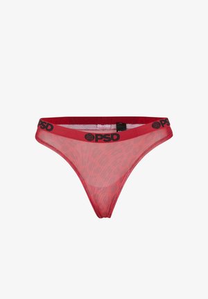 Red mesh thong underwear with leopard pattern, featuring a black waistband labeled "PSD." Lightweight and sheer fabric.