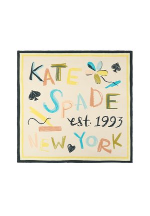 Firkantet tørklæde med farverig, legesyg tekst, der staver "Kate Spade New York est. 1993" samt dekorative hjerter og blomster.