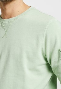 Sudadera verde claro con cuello redondo, cuello acanalado y costuras reforzadas. Hecha de material suave, con mangas largas.