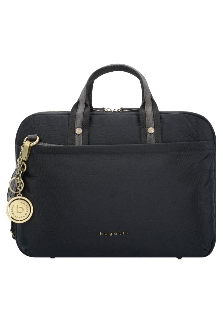 Maletín negro de Bugatti con doble asa, bolsillo frontal con cremallera y llavero circular dorado adjunto al lado.