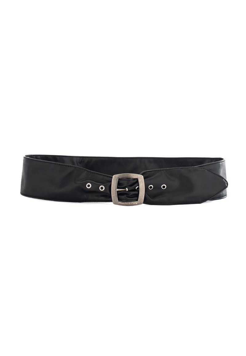 Ceinture en cuir synthétique noire avec un design large, boucle rectangulaire en argent et plusieurs œillets à l'avant pour un ajustement.