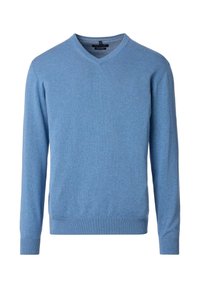 Niebieski sweter w serek wykonany z miękkiego materiału, z długimi rękawami, ściągaczami przy mankietach i u dołu, oraz z małym logo na klatce piersiowej.