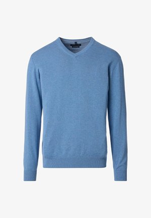 Niebieski sweter w serek wykonany z miękkiego materiału, z długimi rękawami, ściągaczami przy mankietach i u dołu, oraz z małym logo na klatce piersiowej.