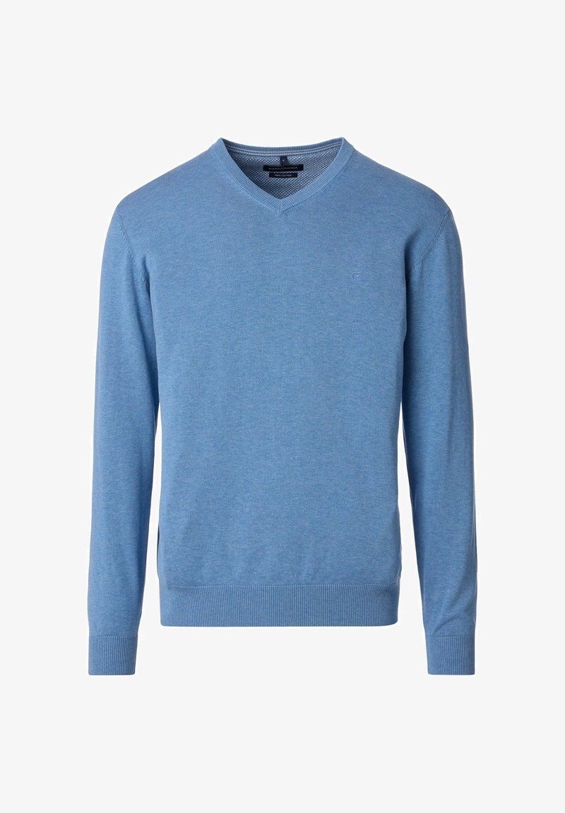 Niebieski sweter w serek wykonany z miękkiego materiału, z długimi rękawami, ściągaczami przy mankietach i u dołu, oraz z małym logo na klatce piersiowej.