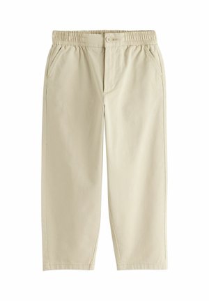 Beige Kinderhose mit elastischem Bund, Knopfverschluss, seitlichen Taschen und lockerem, gerade geschnittenem Bein.