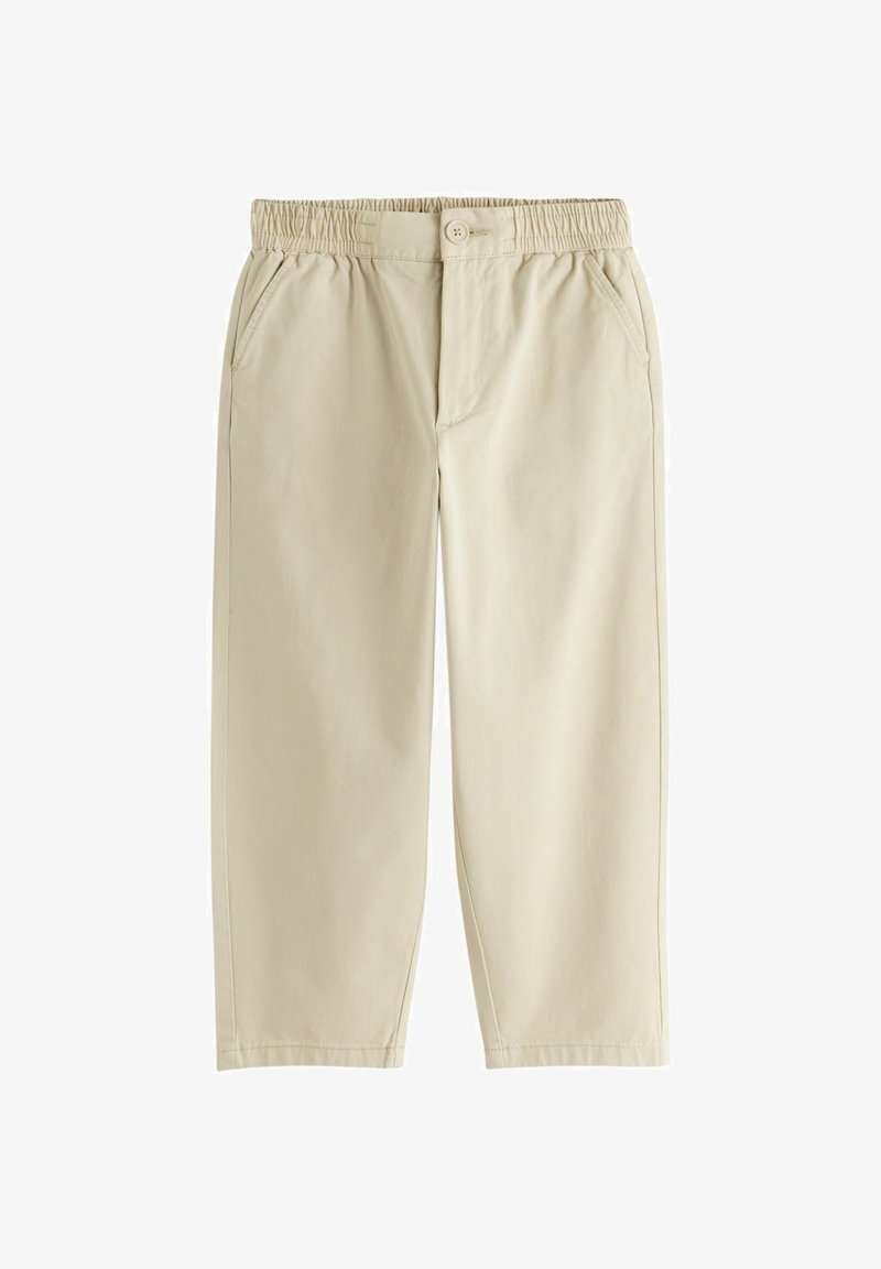 Béžové detské nohavice s elastickým pásom, zapínaním na gombík, bočnými vreckami a voľným priamym strihom nohavíc.