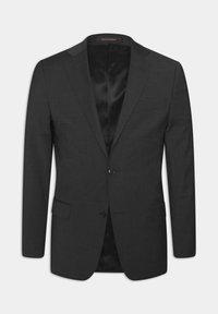 Donkergrijze blazer van stof met een gestructureerde afwerking. Voorzien van een sluiting met één knoop, twee voorzakken en een elegante, minimalistische uitstraling.