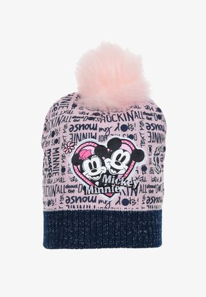 Berretto lavorato a maglia con un corpo rosa, risvolto blu navy e un pom-pom rosa soffice. Presenta un grafico a forma di cuore di Topolino e Minni e motivi testuali.