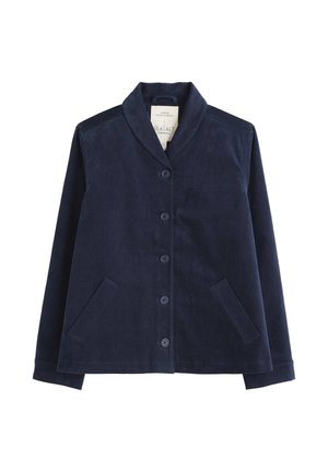 Giacca di velluto a coste blu navy con colletto a scialle, sei bottoni frontali e due tasche laterali. Il tessuto ha un aspetto liscio e strutturato.