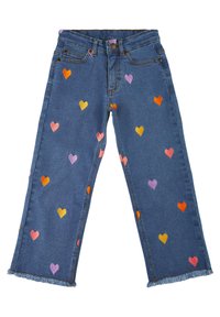 Jeans de denim con corazones de colores bordados, con dobladillo deshilachado, cinco bolsillos y una cremallera con cierre de botón.