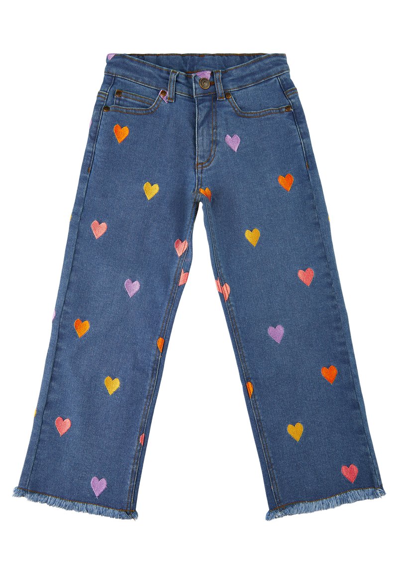 Jeans de denim con corazones de colores bordados, con dobladillo deshilachado, cinco bolsillos y una cremallera con cierre de botón.