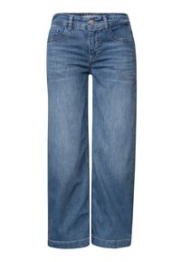 Blue denim wide-leg jeans with front button, zip closure, and front and back pockets.