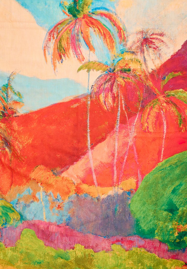 Jasny, kolorowy krajobraz z wysokimi, abstrakcyjnymi palmami, czerwonymi wzgórzami oraz mieszanką zielonej, różowej, fioletowej i niebieskiej roślinności.