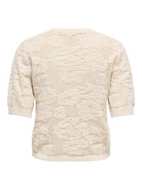 Krēmkrāsas īsas piedurknes trikotāžas topiņš ar ziedu mežģīņu rakstu un apaļu kakla izgriezumu, redzams no aizmugures.