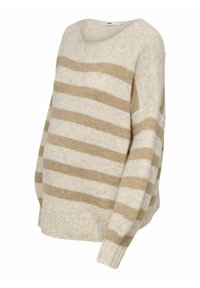 Bežový svetr s širokými horizontálními pruhy světle hnědé barvy. Kulatý výstřih, dlouhé rukávy a volný střih. Měkká pletená textura.