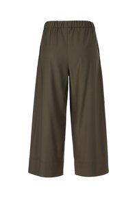 Olive green culottes with an elastic waistband, wide leg design, smooth texture, and finished hem details. No visible pockets or patterns.