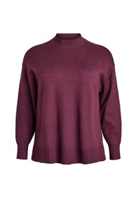 Bordeaux neulepaita, jossa on korkea kaulus, pitkät hihat ja rento leikkaus. Pehmeä neulottu kangas, jossa on ribbireunat.