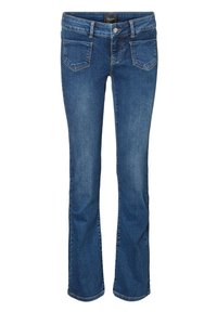 Blå jeans i denim med klassisk rak benform, med fem fickor, bältesloopar och gylf med dragkedja och knappstängning.
