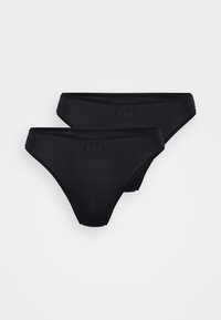 Schwarze Bikini-Hosen aus einem glatten, dehnbaren Material. Elegantes Design mit minimalen Nähten. Mit einem dezenten Logo am Bund. Zwei Paare abgebildet.