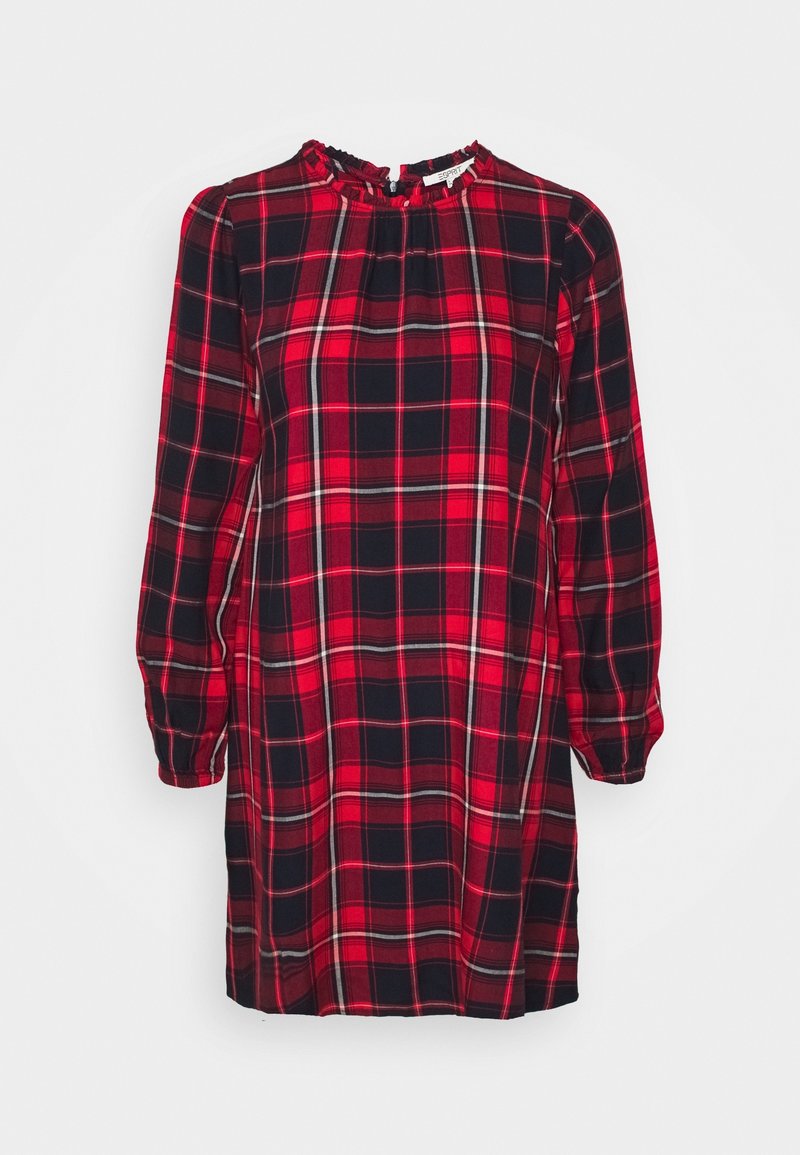 Robe à carreaux rouge et noire à manches longues, longueur genou, avec un col froncé et des poignets élastiques.