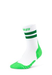 Calzino sportivo bianco con punta e tallone verdi. Presenta due strisce verdi nella parte superiore e un logo verde. Realizzato in materiale sintetico e elasticizzato.