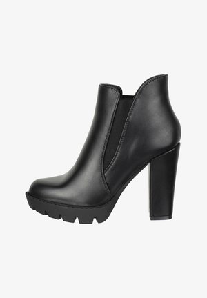Black ankle boots with a high block heel. Made of leather, featuring elastic side panels and a textured, chunky sole.