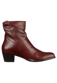 Bottine en cuir rouge foncé pour femme avec talon bas empilé et détail de revers, vue de côté sur fond blanc.