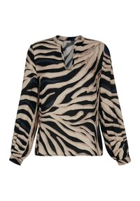 Langärmlige Bluse mit beigen, schwarzen und dunkelblauen Zebramustern, ausgestattet mit einem kleinen V-Ausschnitt und gerafften Manschetten.
