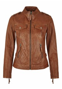 Giacca in pelle marrone con chiusura a zip, due tasche sul petto e tasche laterali. Presenta un colletto alto e spalline decorative.