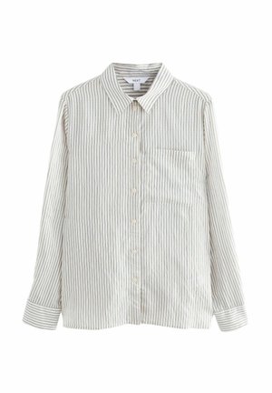 Chemise blanche à manches longues boutonnée avec fines rayures verticales grises, poche poitrine, col et poignets boutonnés.