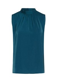 Blusa senza maniche in teal con collo alto, realizzata in tessuto morbido, con pieghe arricciate sul collo e una leggera lucentezza. Chiusura con zip sul retro.