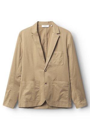 Beige cotton blazer with a notched lapel, single-breasted design, two front pockets, and two buttons. Smooth texture and relaxed fit.