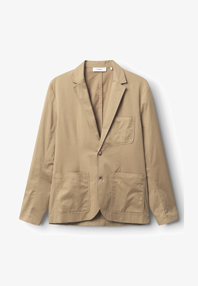 Bež pamučni sako s reverom s usjekom, jednodijelnim dizajnom, dva prednja džepa i dva gumba. Glatka tekstura i opušteni kroj.