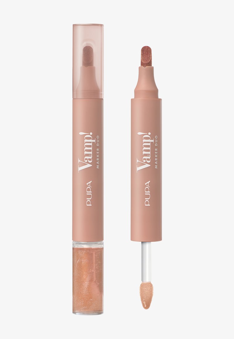 Dwustronny produkt do ust w matowym różowym opakowaniu. Na jednym końcu znajduje się aplikator z błyszczącym brokatowym błyszczykiem, a na drugim aplikator z kremowym odcieniem.