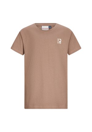 Bruin T-shirt met korte mouwen, kleine witte "RETOUR R" logo op de linkerborst, ronde hals en standaard pasvorm.