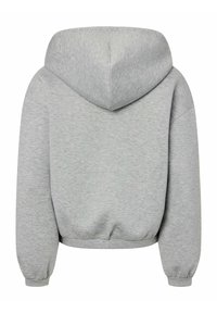 Felpa corta grigia con maniche lunghe, cappuccio con lacci e polsini a costine. Texture morbida con superficie liscia e uniforme.